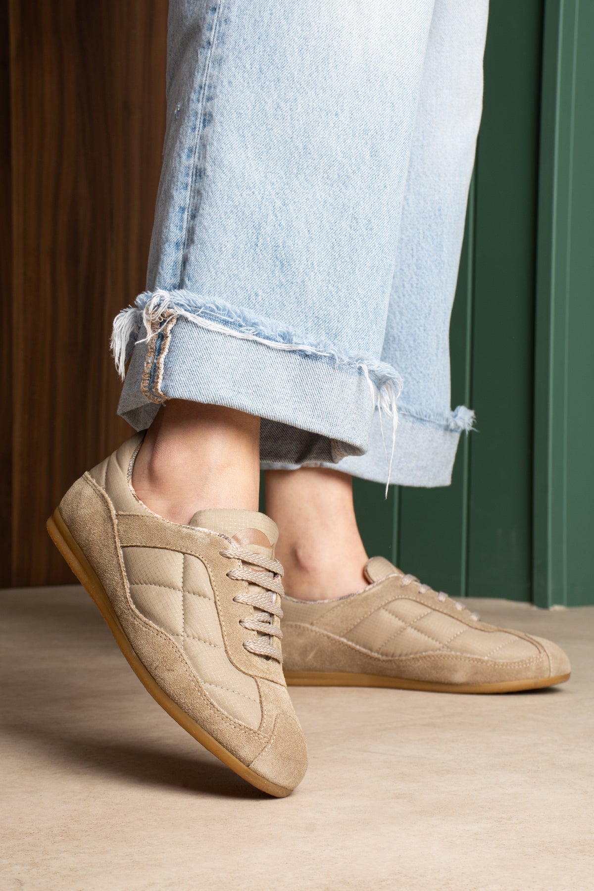 Flufie Bej Süet Detaylı Retro Sneaker | Günlük Spor Ayakkabı